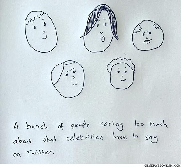 a cartoon sketch illustration of a bunch of people caring too much about what celebrities have to say on twitter