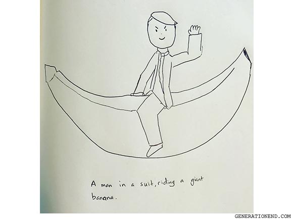 a man in a suit riding a giant banana