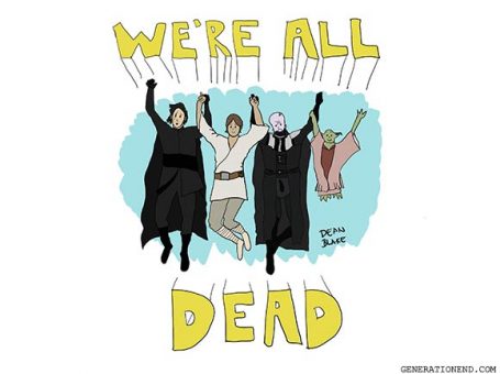 star wars illustration with kylo ren luke skywalker anakin skywalker and yoda all jumping and holding hands, with caption 'We're All Dead' - by Dean Blake